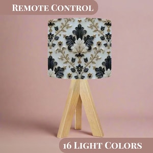 Tripod Table Lamp Navy and Gold Intricate Filigree Floral Natural Wood 3D Illusion Bedside Light Housewarming Gift Bedroom Lamp Light Gift
