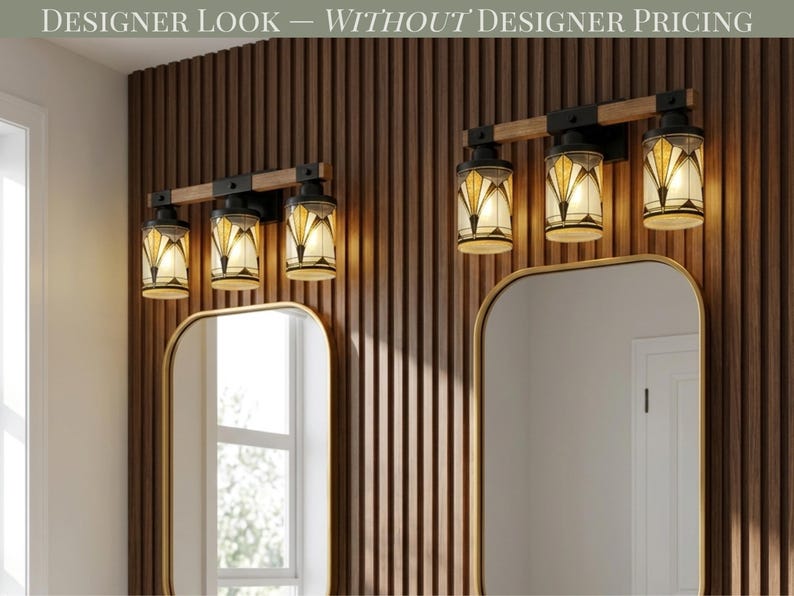 Bathroom Wall Sconce Lighting Art Deco Vanity Light Fixture Above Sink Mirror Three Light Bath Fixture Gold Black Metal Glass Wood Accent Vintage Style Powder Room Home Lighting Modern Luxe Statement Elegant Bathroom Upgrade Warm Ambient