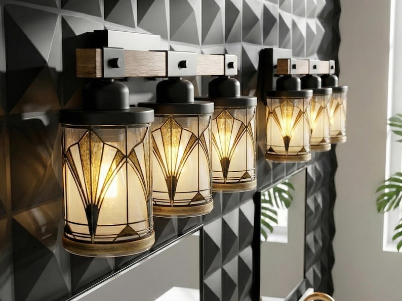Art Deco Vanity Light Fixture Bathroom Wall Sconce Lighting Above Sink Mirror Vintage Style Gold Black Metal Glass Metal Accent Powder Room image 9