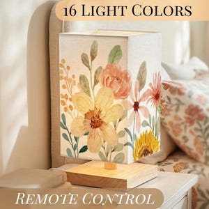 Bedside Table Lamp Remote Control Touch Dimmable Small Desk Lighting Living Room Nightstand Wooden Wood Grain Base Linen Floral Shade