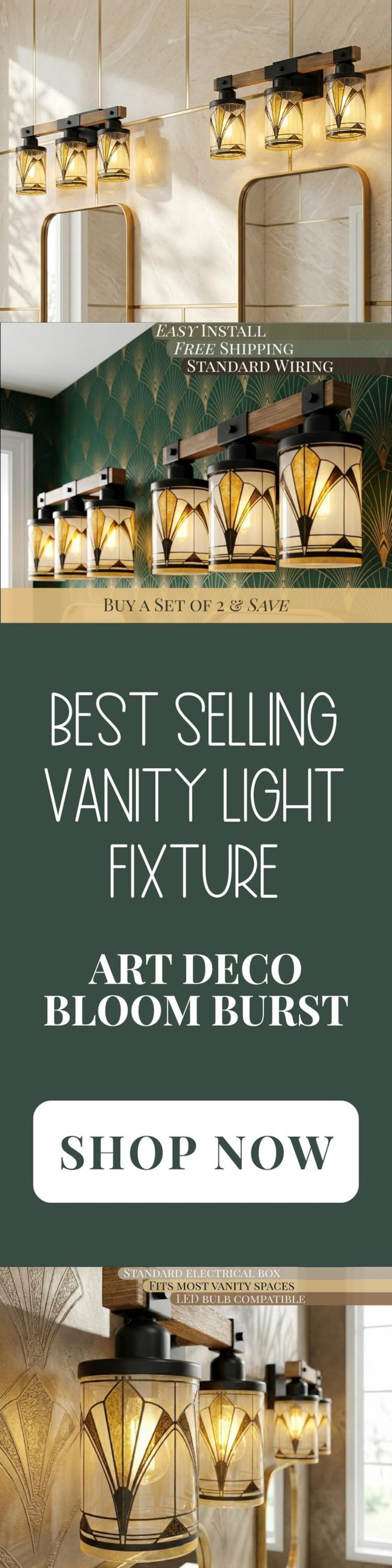 Art Deco Vanity Light Fixture Bathroom Wall Sconce Lighting Above Sink Mirror Vintage Style Gold Black Metal Glass Metal Accent Powder Room image 20