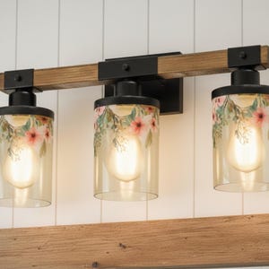 Vanity Light Fixture 3-Light Watercolor Floral Farmhouse Luxury Bathroom Lighting Flowers Metal and Glass Restroom Light Over Sink Decor
