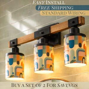 Bathroom Vanity Light Fixture Three Bulb Sconce Wall Mount Over Sink Mirror Lighting Midcentury Modern Geometric Design Orange Metal Glass