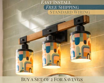 Bathroom Vanity Light Fixture Three Bulb Sconce Wall Mount Over Sink Mirror Lighting Midcentury Modern Geometric Design Orange Metal Glass