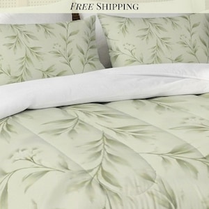 Sage Green Comforter Set Botanical Bedding King Duvet Soft Green Modern Neutral Bedroom Decor Pistachio Floral Microfiber Coverlet Organic
