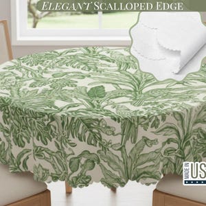 Green Tropical Tablecloth With Scalloped Edge Lace Details For Dining Table Spill-Proof Spring Washable Table Cloth Elegant Kitchen Setting