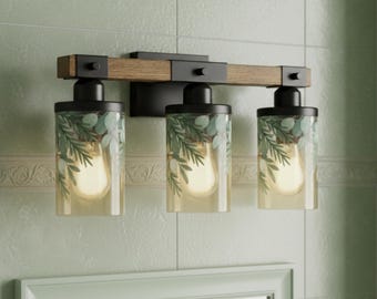 Bathroom Vanity Light Fixture Green Botanical Metal Glass Iron Frame Farmhouse Wall Lighting Three Bulb Sconce Sage Illumination Rustic