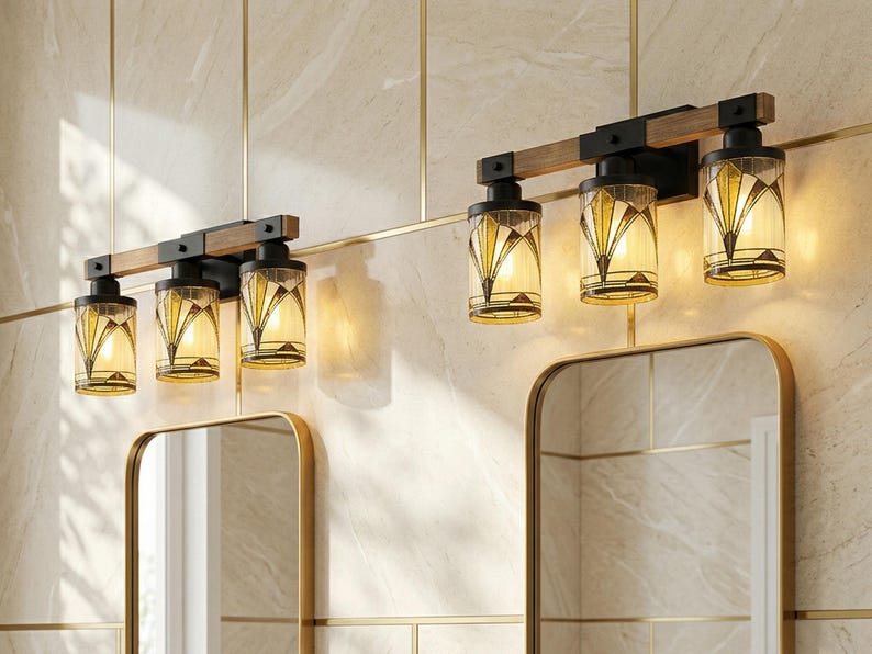 Art Deco Vanity Light Fixture Bathroom Wall Sconce Lighting Above Sink Mirror Vintage Style Gold Black Metal Glass Metal Accent Powder Room image 14