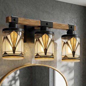 Art Deco Vanity Light Fixture Bathroom Wall Sconce Lighting Above Sink Mirror Vintage Style Gold Black Metal Glass Metal Accent Powder Room image 13