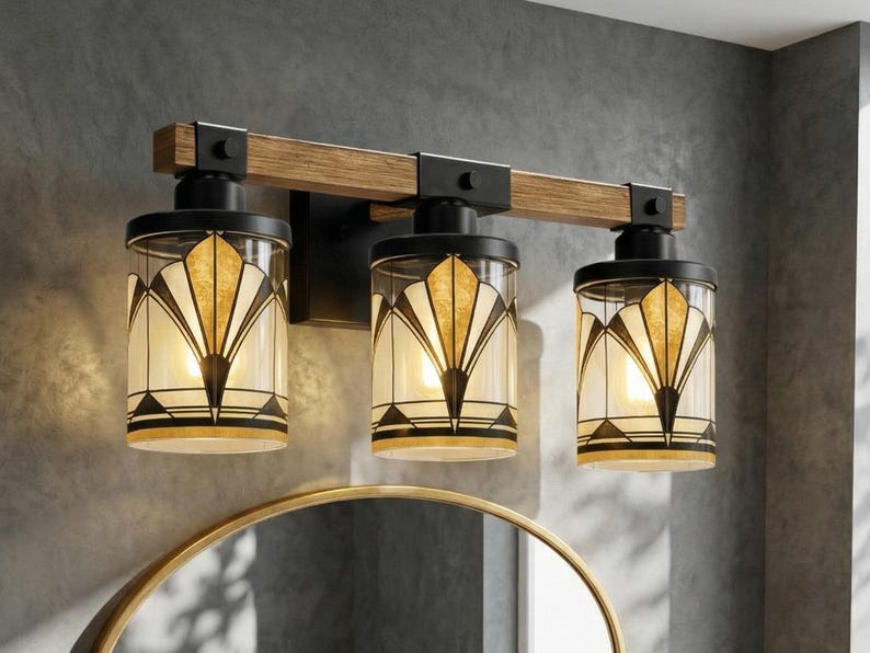Art Deco Vanity Light Fixture Bathroom Wall Sconce Lighting Above Sink Mirror Vintage Style Gold Black Metal Glass Metal Accent Powder Room image 13