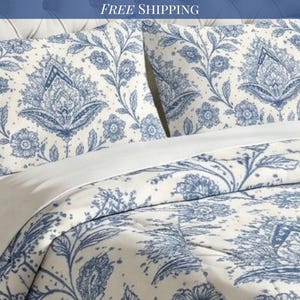 Comforter Set Blue Floral Grandmillennial Comforter King Queen Full Twin Bedding Cottagecore Bedroom Block Print Luxury Bedspread Pillowcase