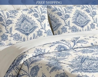Comforter Set Blue Floral Grandmillennial Comforter King Queen Full Twin Bedding Cottagecore Bedroom Block Print Luxury Bedspread Pillowcase