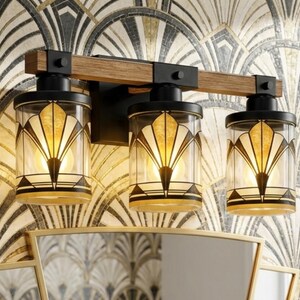 Art Deco Vanity Light Fixture Bathroom Wall Sconce Lighting Above Sink Mirror Vintage Style Gold Black Metal Glass Metal Accent Powder Room 1 Fixture (3-Light)