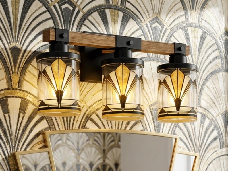 Art Deco Vanity Light Fixture Bathroom Wall Sconce Lighting Above Sink Mirror Vintage Style Gold Black Metal Glass Metal Accent Powder Room 1 Fixture (3-Light)
