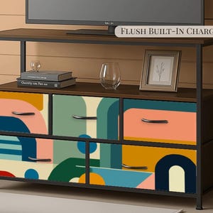 Made to Order Midcentury Modern TV Stand with Charging Station Colorful Abstract Drawer Media Console Mid Century Storage Cabinet Furniture