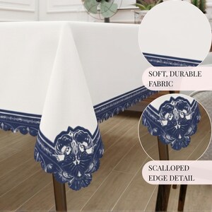 Ivory Tablecloth Rectangular Dining Tablecloth Waterproof Cloth Navy Tablecloth Scalloped Edge Coastal Seashell Pattern Rectangle Polyester