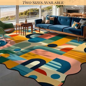 Area Rug Mid Century Modern Scalloped Edge 8x10 9x12 Geometric Area Rug MCM Retro Colorful Living Room Rug Statement Floor Decor Mid Mod Rug