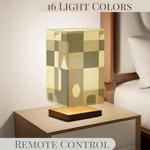 Table Lamp Remote Control For Bedroom Small Desk Lamp For Office Earth Tone Geometric Design Lamp Wood Desk Lamp Lighting for Living Room