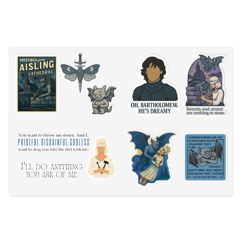 The Knight and the Moth Sticker Sheet: Fantasy Romance Book Lover Decals for Kindle or Journal, Sybil Rory Gargoyle Fan Art Decor image 1