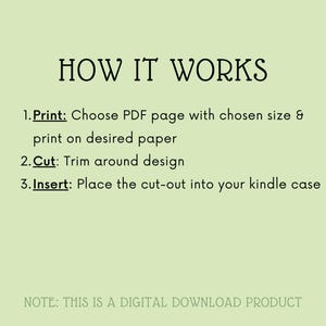 May include: A digital download product instruction guide with the text "HOW IT WORKS" and a list of steps: 1. Print: Choose PDF page with chosen size & print on desired paper, 2. Cut: Trim around design, 3. Insert: Place the cut-out into your kindle case. The text "NOTE: THIS IS A DIGITAL DOWNLOAD PRODUCT" is at the bottom of the page.