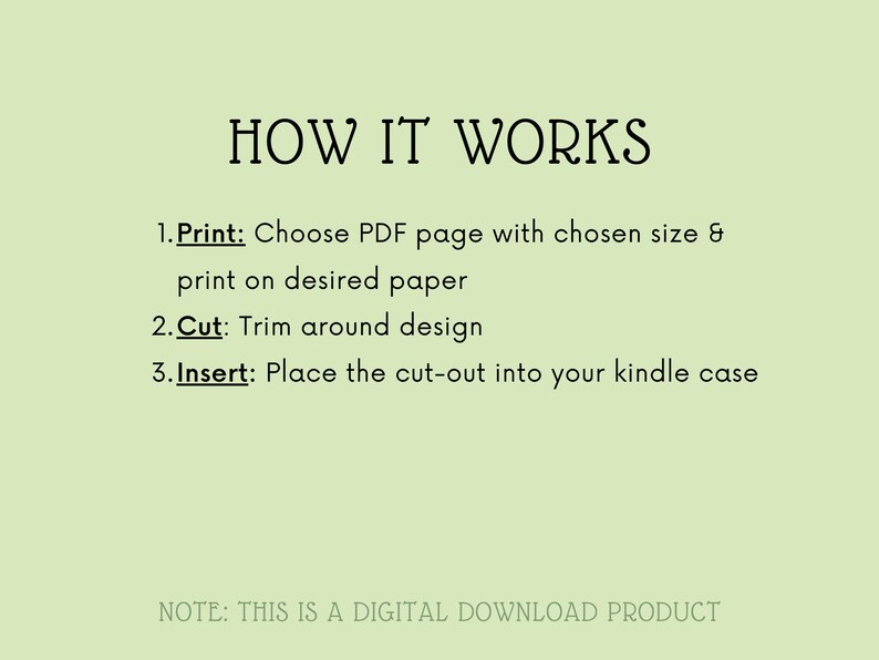 May include: A digital download product instruction guide with the text "HOW IT WORKS" and a list of steps: 1. Print: Choose PDF page with chosen size & print on desired paper, 2. Cut: Trim around design, 3. Insert: Place the cut-out into your kindle case. The text "NOTE: THIS IS A DIGITAL DOWNLOAD PRODUCT" is at the bottom of the page.