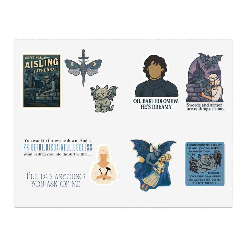 The Knight and the Moth Sticker Sheet: Fantasy Romance Book Lover Decals for Kindle or Journal, Sybil Rory Gargoyle Fan Art Decor image 2