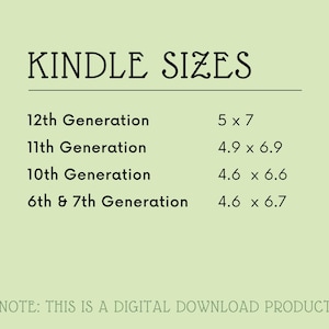 May include: A chart showing the screen sizes of different Kindle generations. The 12th generation Kindle has a 5 x 7 inch screen, the 11th generation has a 4.9 x 6.9 inch screen, the 10th generation has a 4.6 x 6.6 inch screen, and the 6th and 7th generations have a 4.6 x 6.7 inch screen.