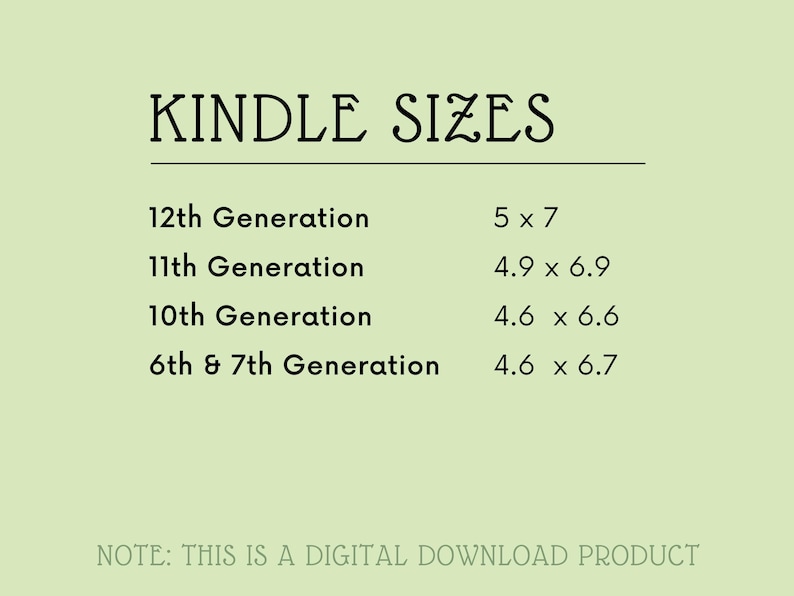 May include: A chart showing the screen sizes of different Kindle generations. The 12th generation Kindle has a 5 x 7 inch screen, the 11th generation has a 4.9 x 6.9 inch screen, the 10th generation has a 4.6 x 6.6 inch screen, and the 6th and 7th generations have a 4.6 x 6.7 inch screen.
