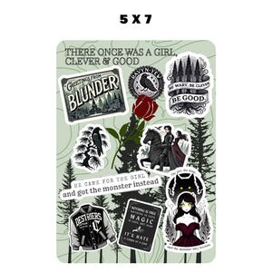 May include: A set of 10 stickers featuring a dark fantasy theme. The stickers include a girl with a wolf, a girl with a crown, a girl with a jacket, a girl with a rose, a girl with a raven, a girl with a wolf, a girl with a crown, a girl with a jacket, a girl with a rose, and a girl with a raven. The stickers are all on a green background.