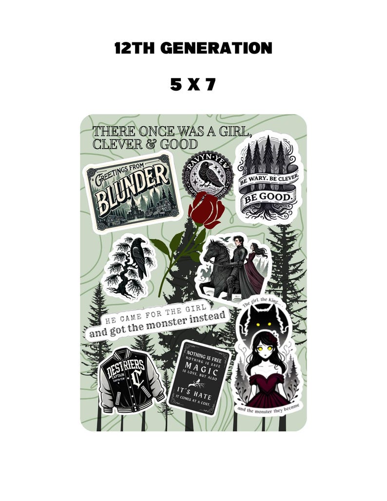 May include: A set of 10 stickers featuring a dark fantasy theme. The stickers include a girl with a wolf, a girl with a crown, a girl with a jacket, a girl with a rose, a girl with a raven, a girl with a wolf, a girl with a crown, a girl with a jacket, a girl with a rose, and a girl with a raven. The stickers are all on a green background.
