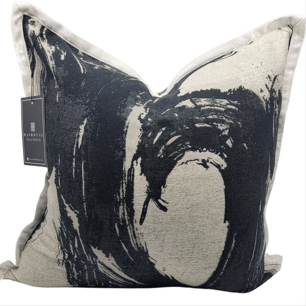 18x18 Whimsical Decorative Cover in Black/Grey and white trim, felt velour pillow cover, abstract pillow cover, designer pillow