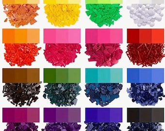 May include: A color palette featuring 16 distinct color combinations. Each combination includes a gradient and a corresponding pile of fragmented material. Colors range from yellow and orange to pink, red, green, blue, and purple.