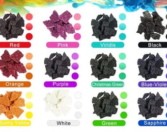 May include: A collection of colorful, irregularly shaped objects, each labeled with a color name. Colors include red, pink, viridis, black, orange, purple, Christmas green, blue-violet, sunny yellow, white, green, and sapphire.