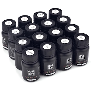May include: A collection of small, black bottles of leather dye, each with a black cap and a white label. The bottles are arranged in a group, with some labels showing Chinese characters and the words "Leather dye". Each bottle contains 30ml of dye.