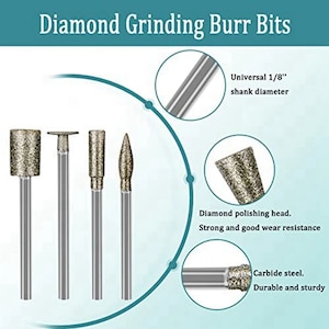 May include: Set of five diamond grinding burr bits with a 1/8 inch shank diameter. The bits have different shapes and are made of carbide steel with diamond polishing heads.  Universal 1/8" shank diameter.