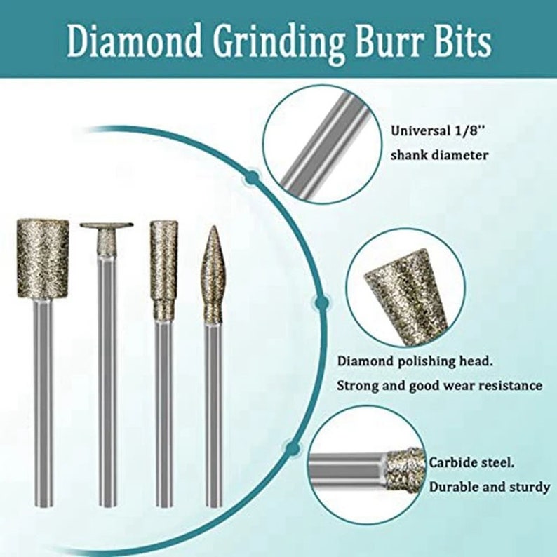 May include: Set of five diamond grinding burr bits with a 1/8 inch shank diameter. The bits have different shapes and are made of carbide steel with diamond polishing heads.  Universal 1/8" shank diameter.