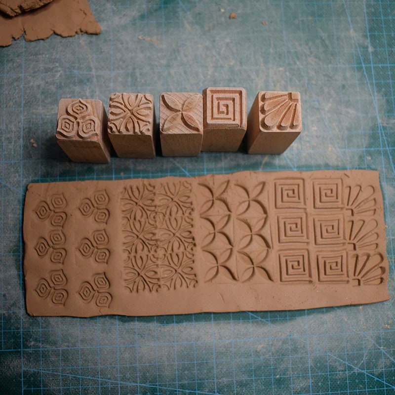 Pottery Stamp Tools, 5pcs, Wooden Blocks, Square Swirl Chinese Textured ...
