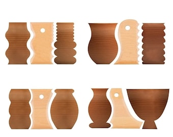 Pottery Trimming Tools, 7Pcs, Wooden Textures, Multiple Sizes, Assorted Shapes, Clay Foot Shaper, Profile Rib Bundles, Sculpting Accessories