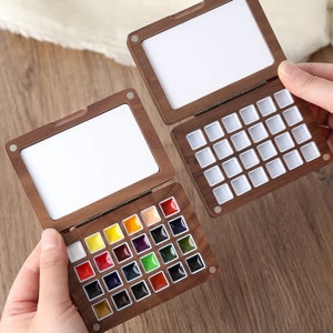 Paletas de acuarela, 24 celdas x 0,5 ml, madera de nogal/imán, caja de pintura, almacenamiento vacío portátil, accesorios de pintura con acuarela para bocetos de viaje