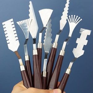 Palettkniv för konst, 9 st, flera storlekar, metallpolering, plasthandtag, specialskrapa, oljemålningstillbehör, akryltexturtillverkning