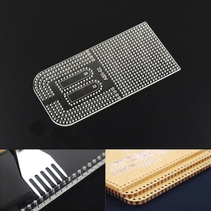 May include: Clear acrylic leather craft tool with a rectangular shape and rounded edges. The tool has evenly spaced holes and curved guides with numbers. The text "ABX-01" is printed on the tool. Additional images show the tool in use.