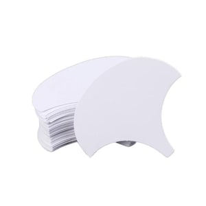 May include: A stack of white, fan-shaped paper sheets. The sheets have a curved top and a pointed bottom, resembling a stylized scallop shell. The paper is smooth and appears to be unused, with a clean, bright white color.