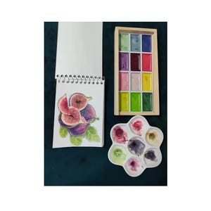 May include: A watercolor painting of figs in a spiral-bound sketchbook, a wooden watercolor paint set, and a white flower-shaped palette with paint. The figs are purple and pink with green leaves. The paint set has various colors.
