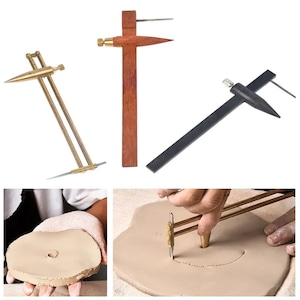 May include: Three different pottery tools for creating circles in clay. The tools are made of metal and wood. The tools are shown in use on a piece of clay.
