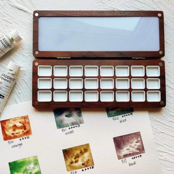 Watercolor Palette, 24 Grids, 1ML Capacity, Walnut/Magnetite Wood, Empty Paint Box, Artist Travel Painting Tools,Portable Tray, Sub-Packing
