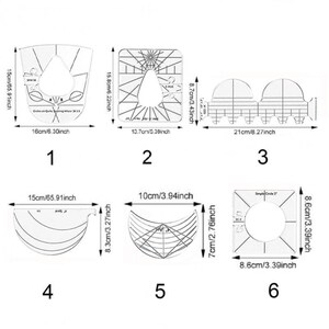 Peut inclure: Ensemble de six gabarits de couture en plastique transparent de diff&eacute;rentes formes et tailles, comprenant des cercles, des courbes et des triangles. Les gabarits sont &eacute;tiquet&eacute;s avec des mesures en pouces et en centim&egrave;tres.