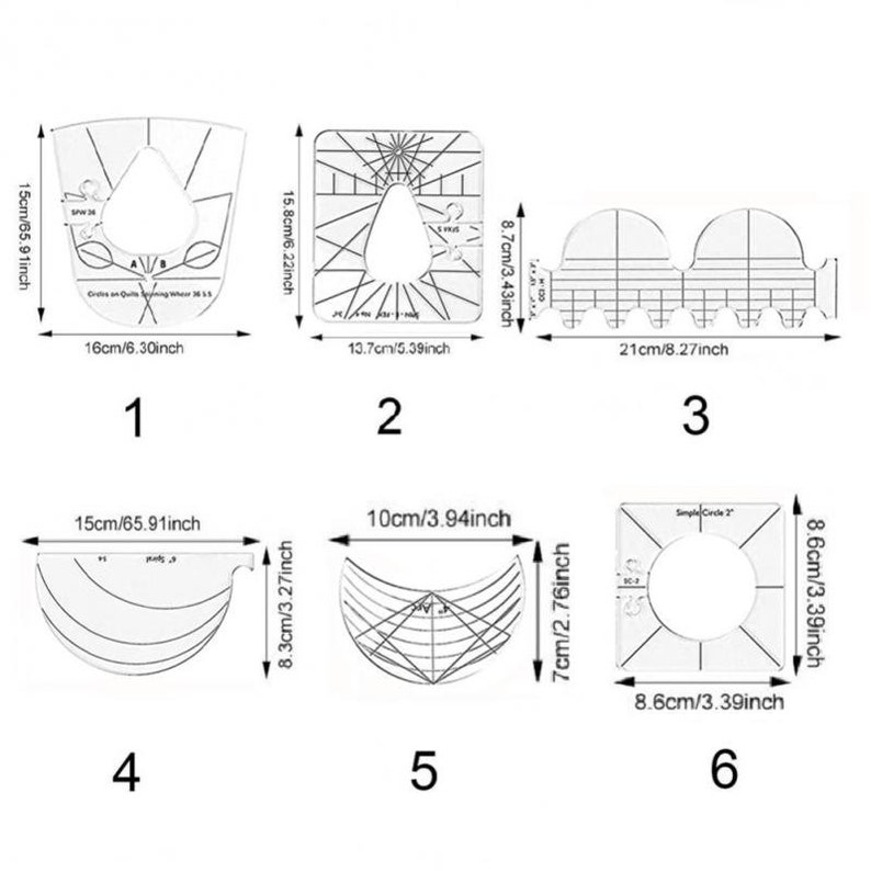 Peut inclure: Ensemble de six gabarits de couture en plastique transparent de diff&eacute;rentes formes et tailles, comprenant des cercles, des courbes et des triangles. Les gabarits sont &eacute;tiquet&eacute;s avec des mesures en pouces et en centim&egrave;tres.