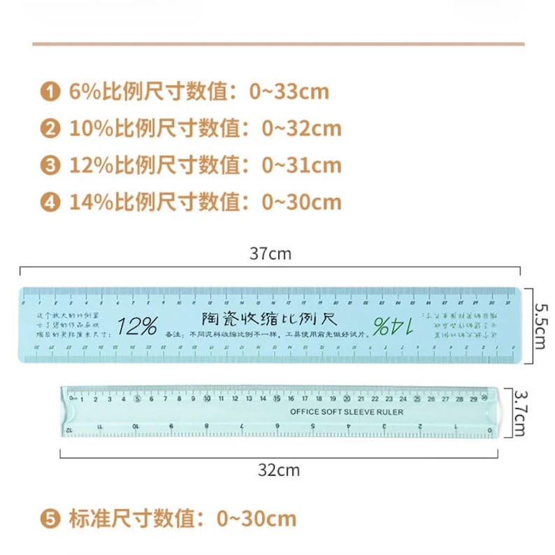 May include: A blue ruler with a white scale and black markings. The ruler is 37 cm long and 5.5 cm wide. The ruler has a shrinkage ratio scale with markings for 6%, 10%, 12%, and 14%. The ruler also has a standard scale with markings for 0 to 30 cm.