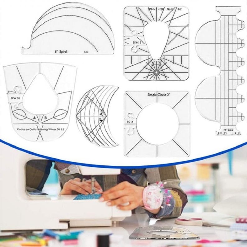 Peut inclure: Un ensemble de six gabarits de quilting en plastique transparent pour cr&eacute;er diff&eacute;rentes formes, notamment des cercles, des spirales et un cercle simple de 2 pouces. Les gabarits sont &eacute;tiquet&eacute;s avec des mesures en pouces.