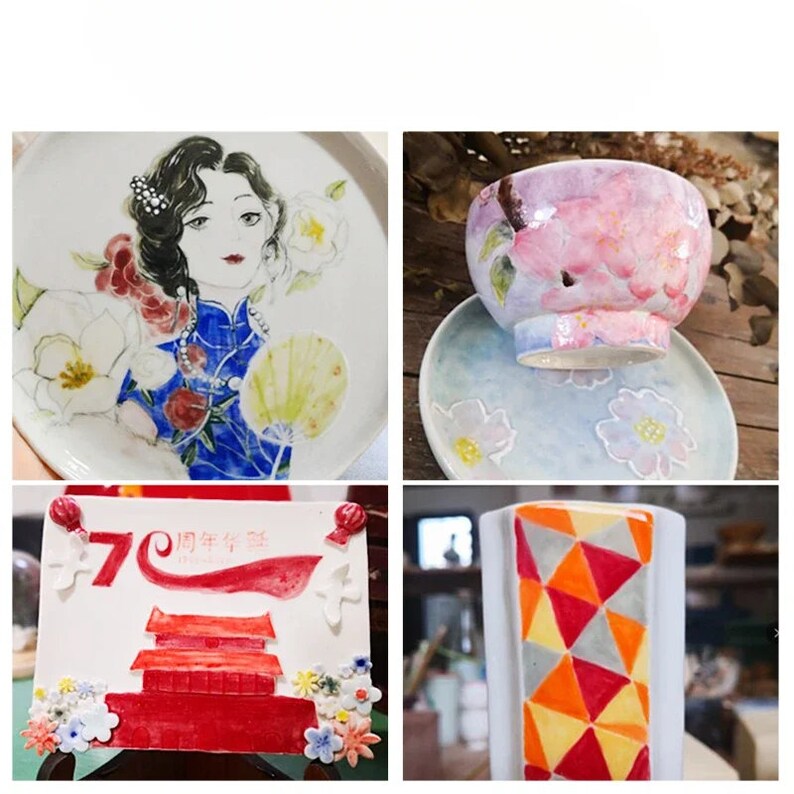 K&ouml;nnte beinhalten: Eine Collage aus vier Keramikteilen. Oben links: ein Teller mit einer Frau in blauem Kleid und floralen Akzenten. Oben rechts: eine rosa Blumenschale auf einem blauen Teller. Unten links: ein rotes und wei&szlig;es Dekorationsteil mit Text. Unten rechts: ein geometrisches Design.